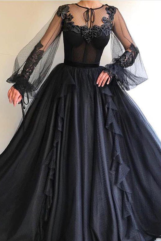 Black Long A-line Tulle Prom Dress ...